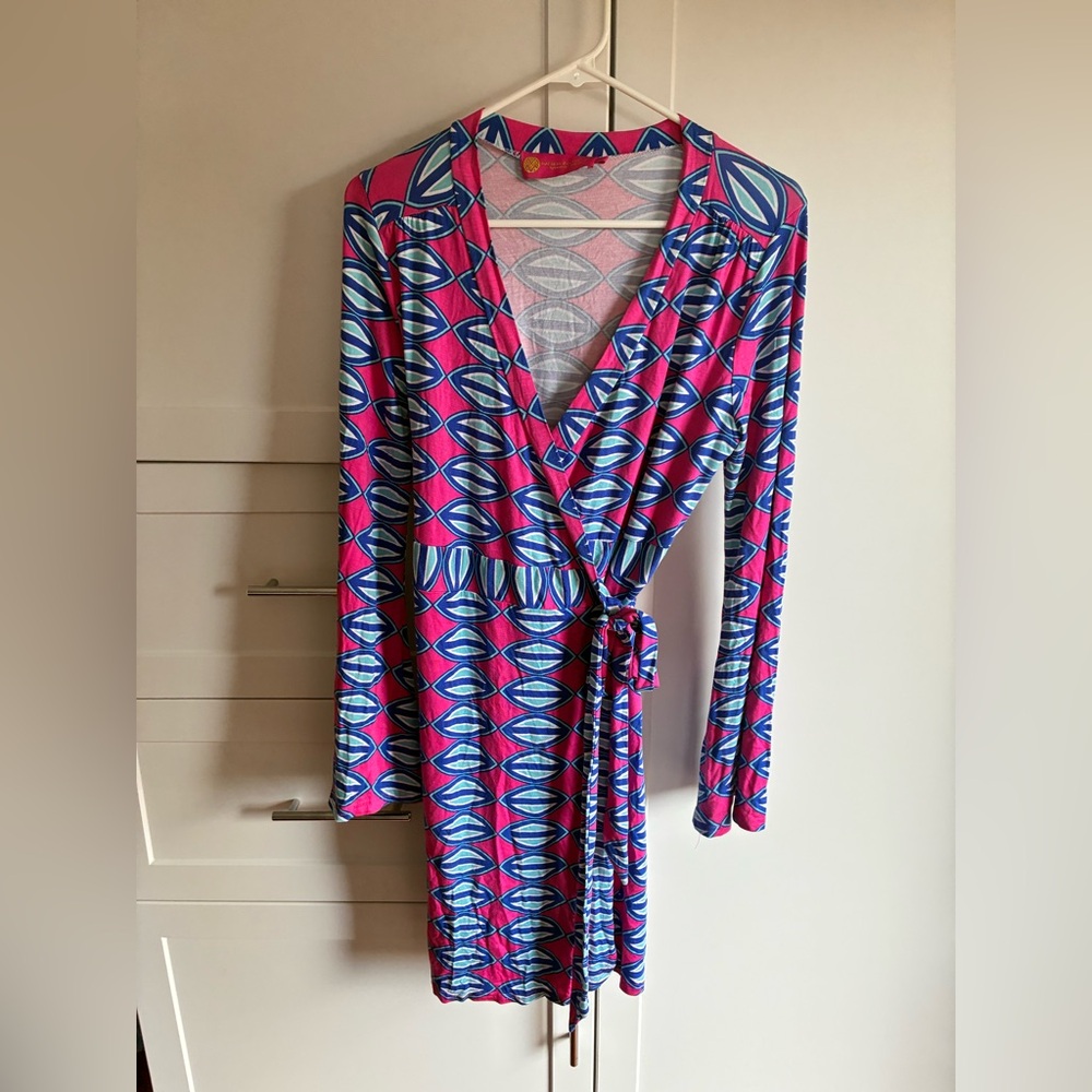 Macbeth Collection by Margaret Josephs Pink and Blue Patterned Dress